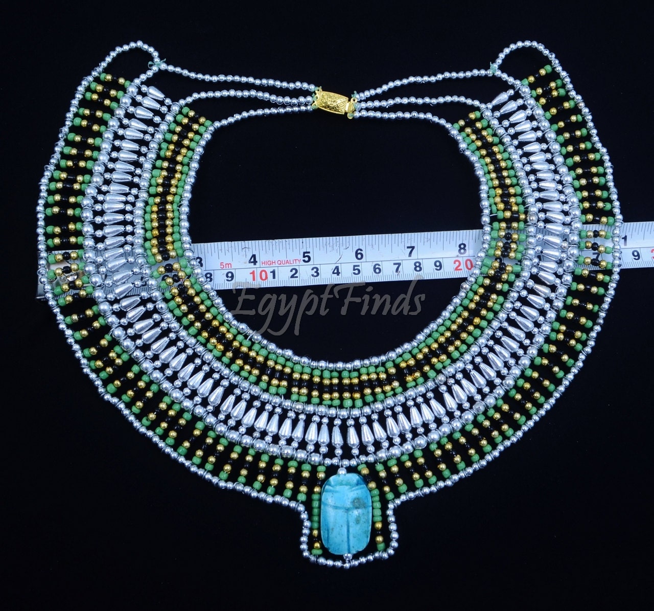 Pretty Ancient Egyptian Beaded Cleopatra Large Scarab Necklace Collar