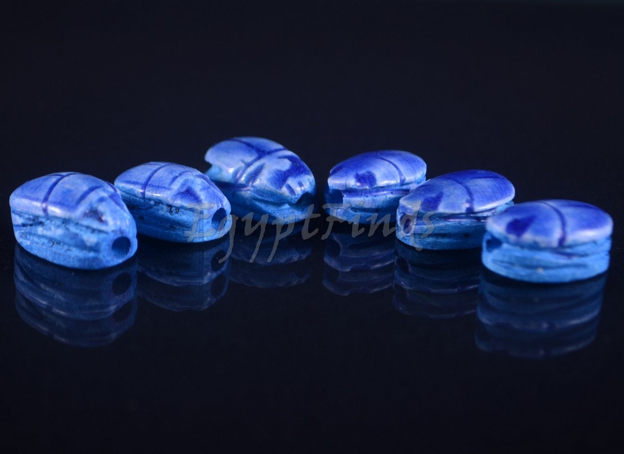 6 Ancient Egyptian Blue Hand Made Carved Luck Scarabs With Hieroglyphic