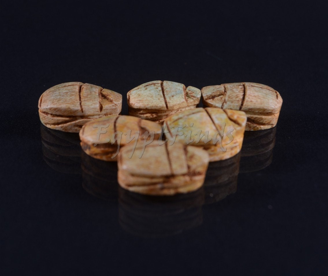 6 Egyptian Ceramic Green Hand Made Carved Luck Scarabs With Hieroglyphic