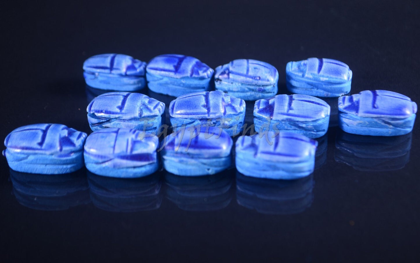 12 Egyptian Blue Ceramic Hand Made Carved Luck Scarabs With Hieroglyphic