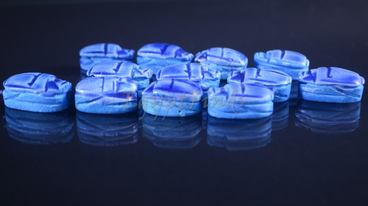 12 Egyptian Blue Ceramic Hand Made Carved Luck Scarabs With Hieroglyphic