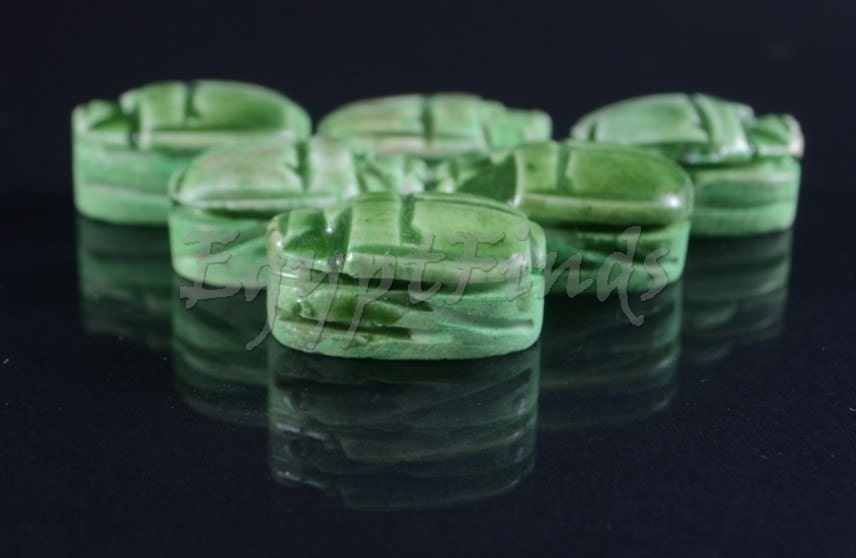 6 Ancient Egyptian Green Hand Made Carved Luck Scarabs With Hieroglyphic