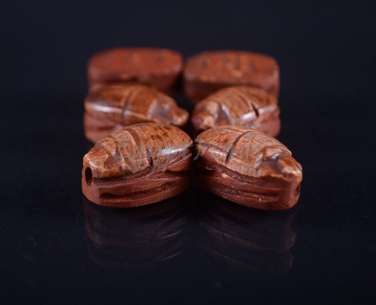 6 Egyptian Ceramic Dark Hand Made Carved Luck Scarabs With Hieroglyphic
