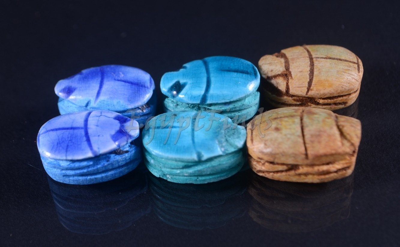 6 Egyptian Mixed Ceramic Hand Made Carved Luck Scarabs With Hieroglyphic