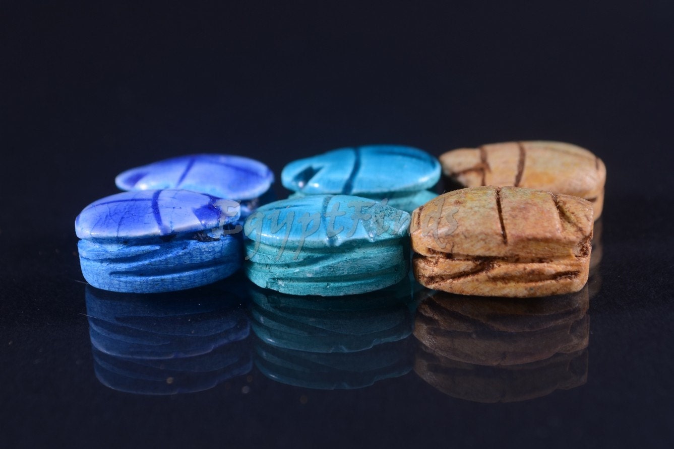 6 Egyptian Mixed Ceramic Hand Made Carved Luck Scarabs With Hieroglyphic