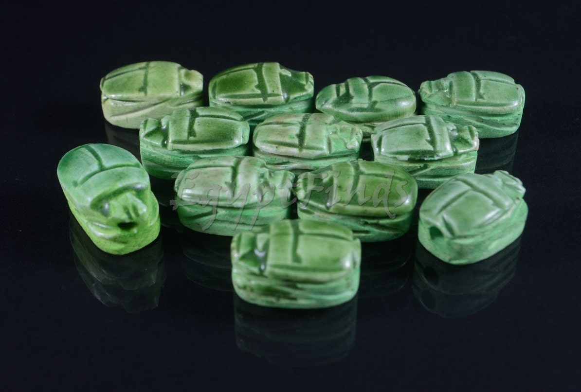 12 Egyptian Green Ceramic Hand Made Carved Luck Scarabs With Hieroglyphic