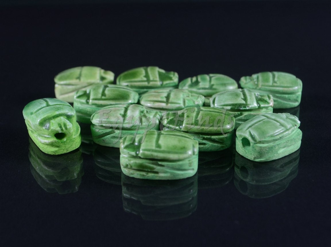 12 Egyptian Green Ceramic Hand Made Carved Luck Scarabs With Hieroglyphic