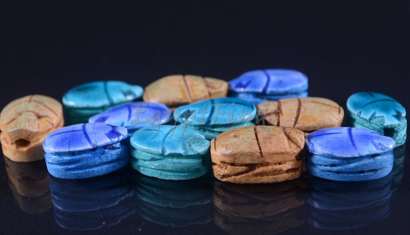 12 Egyptian Mixed Ceramic Hand Made Carved Luck Scarabs With Hieroglyphic