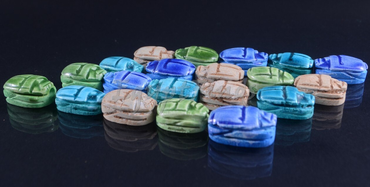 20 Egyptian Mixed Hand Made Carved Luck Scarabs With Hieroglyphic