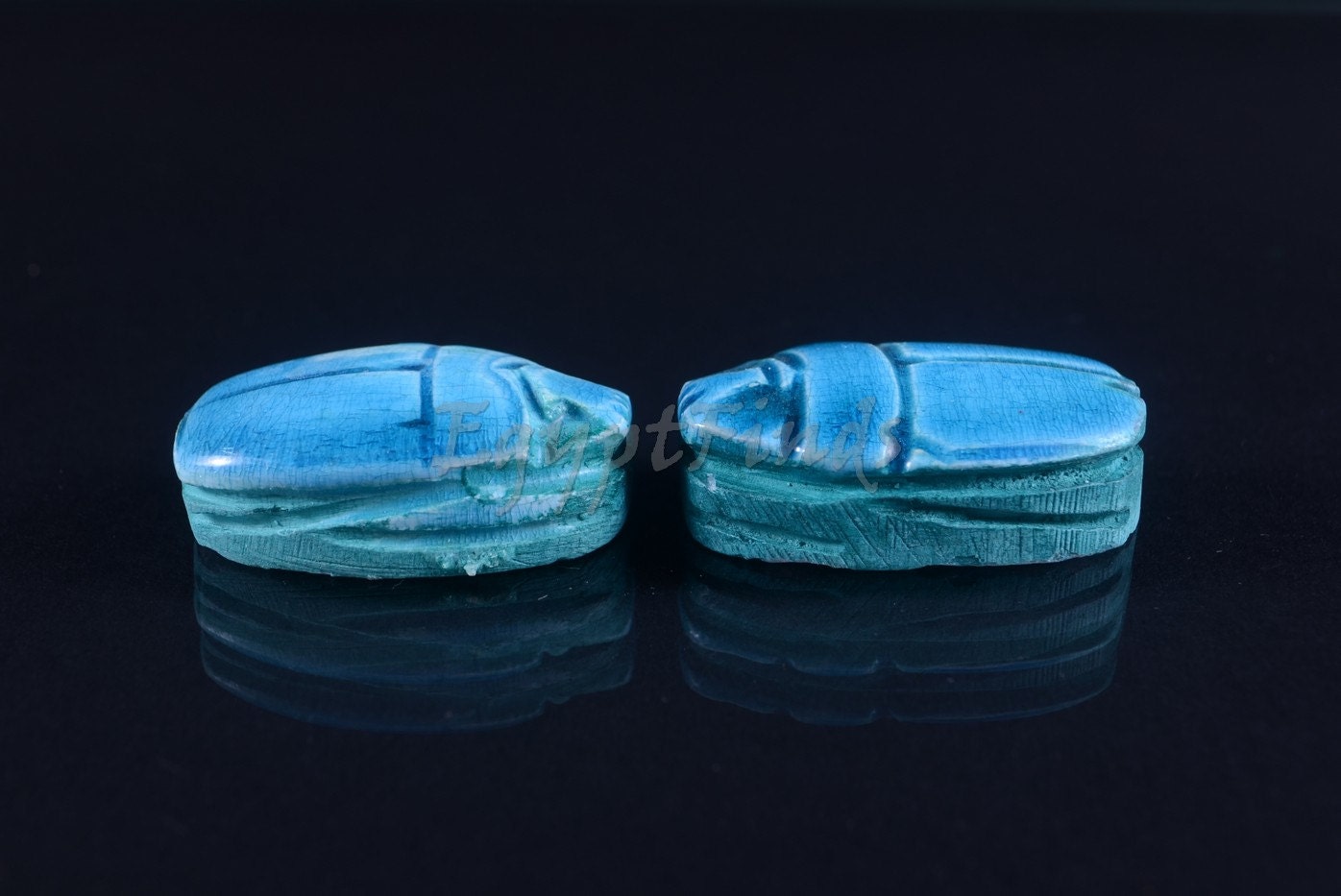2 Large Egyptian Terquise Hand Made Carved Luck Scarabs With Hieroglyphic