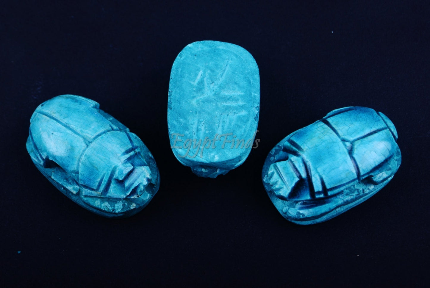 3 Large Egyptian Terquise Hand Made Carved Luck Scarabs With Hieroglyphic