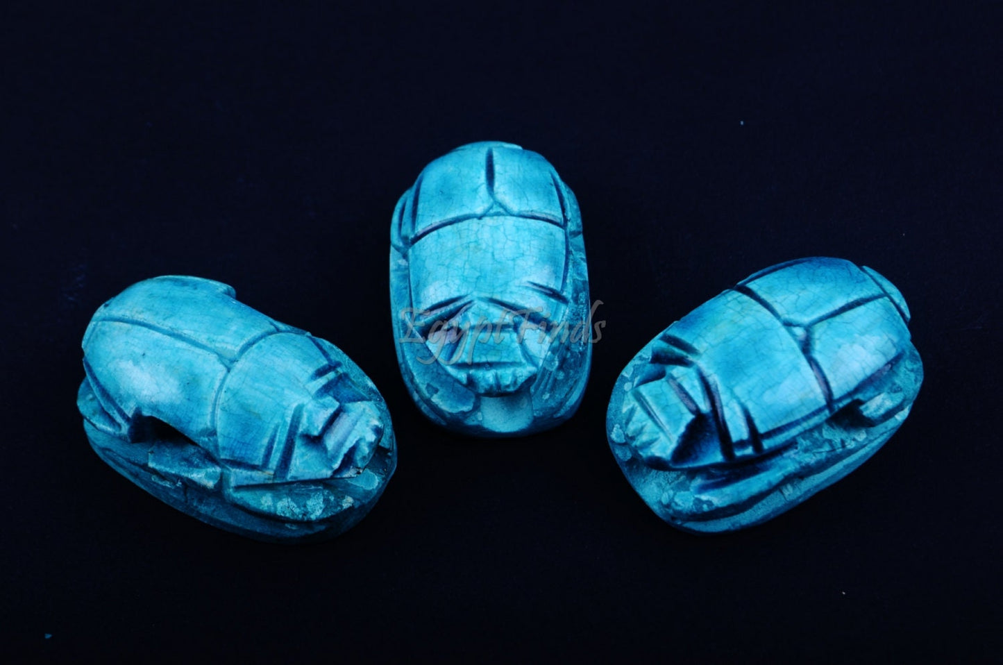 3 Large Egyptian Terquise Hand Made Carved Luck Scarabs With Hieroglyphic