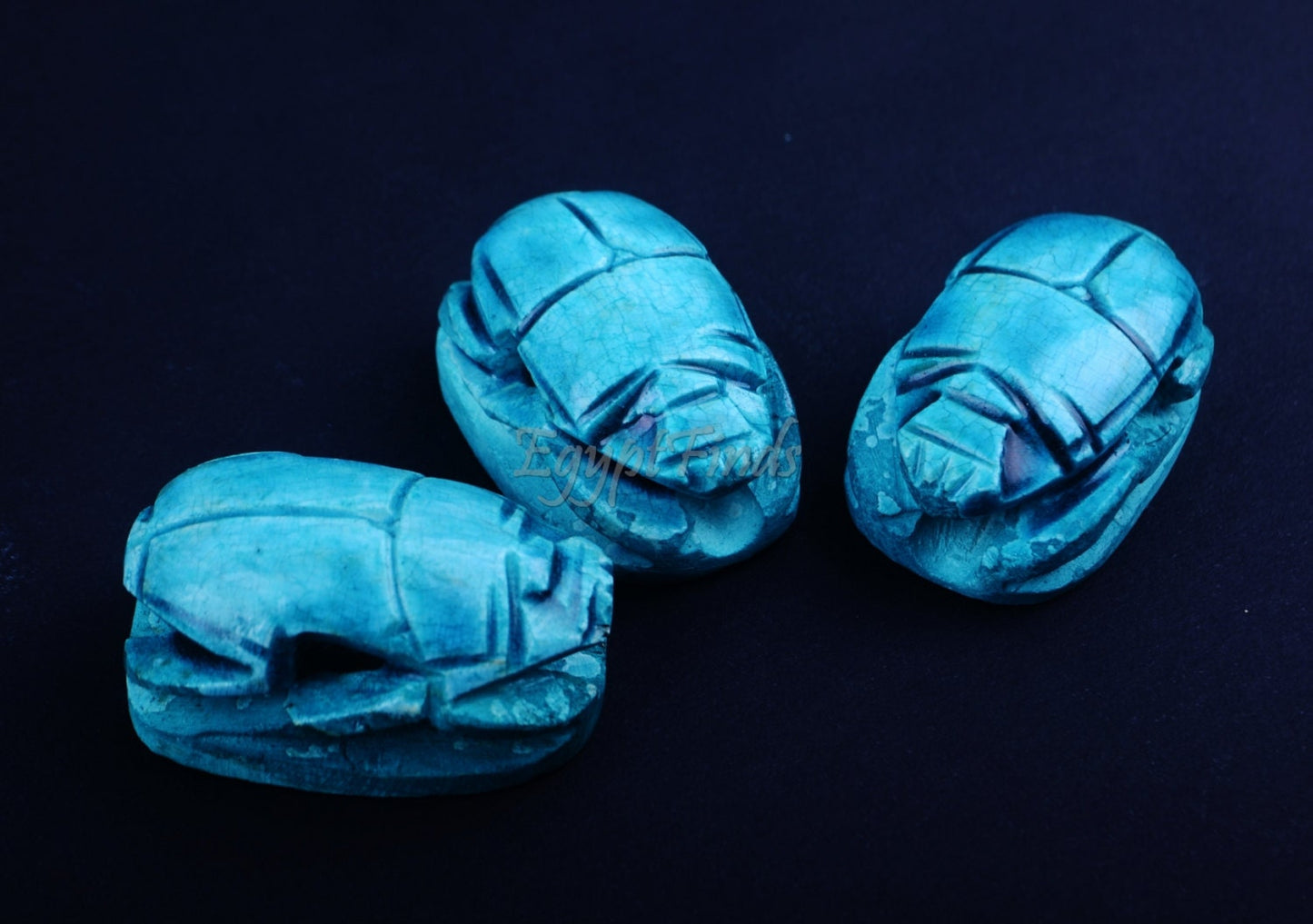 3 Large Egyptian Terquise Hand Made Carved Luck Scarabs With Hieroglyphic