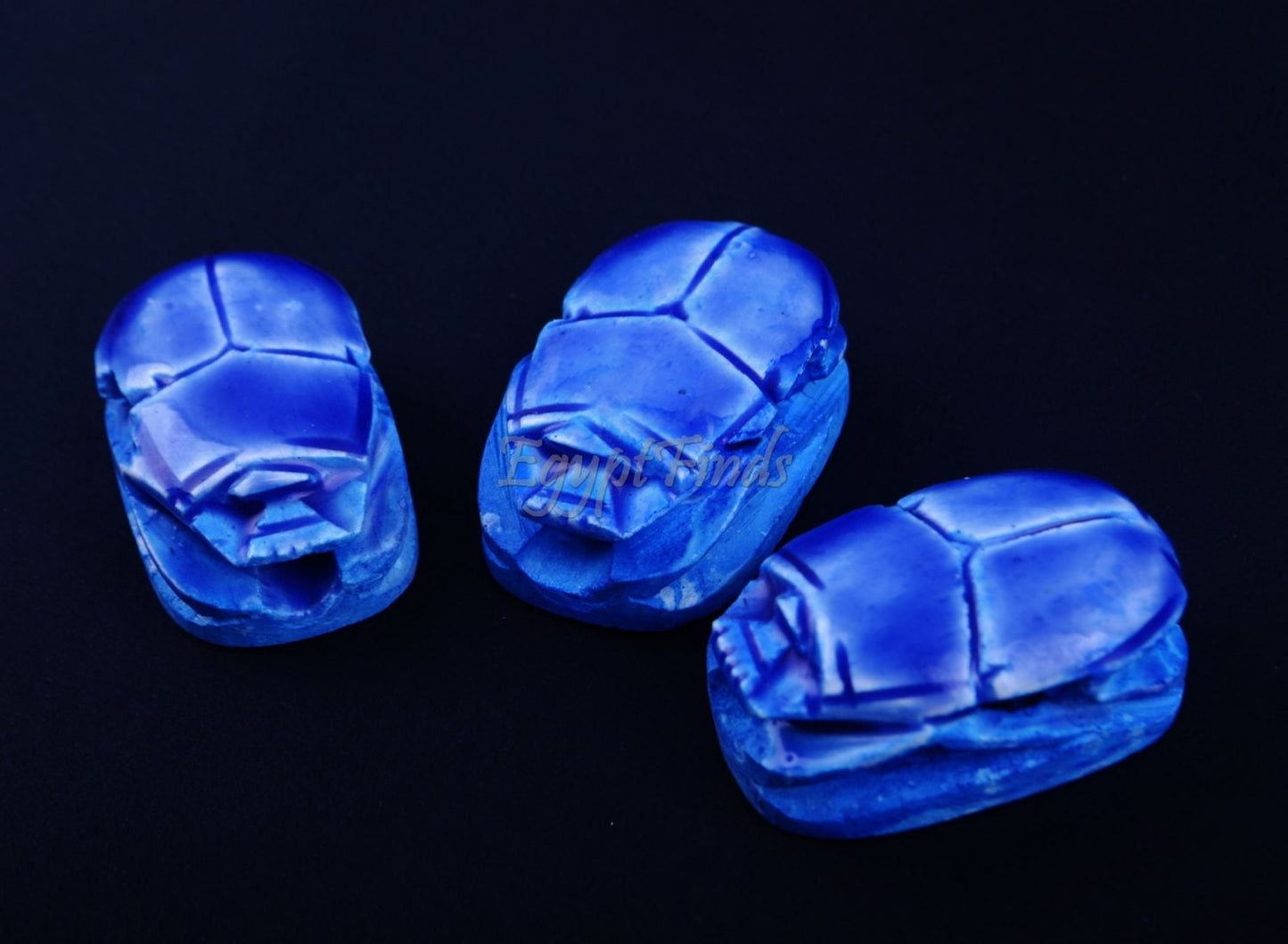 3 Large Egyptian Blue Hand Made Carved Luck Scarabs With Hieroglyphic