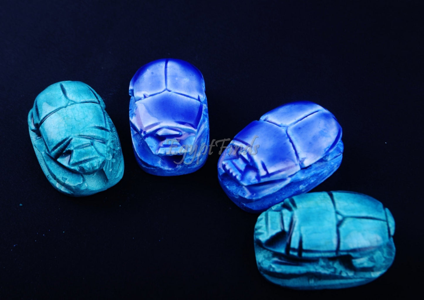 4 Large Egyptian Blue Hand Made Carved Luck Scarabs With Hieroglyphic