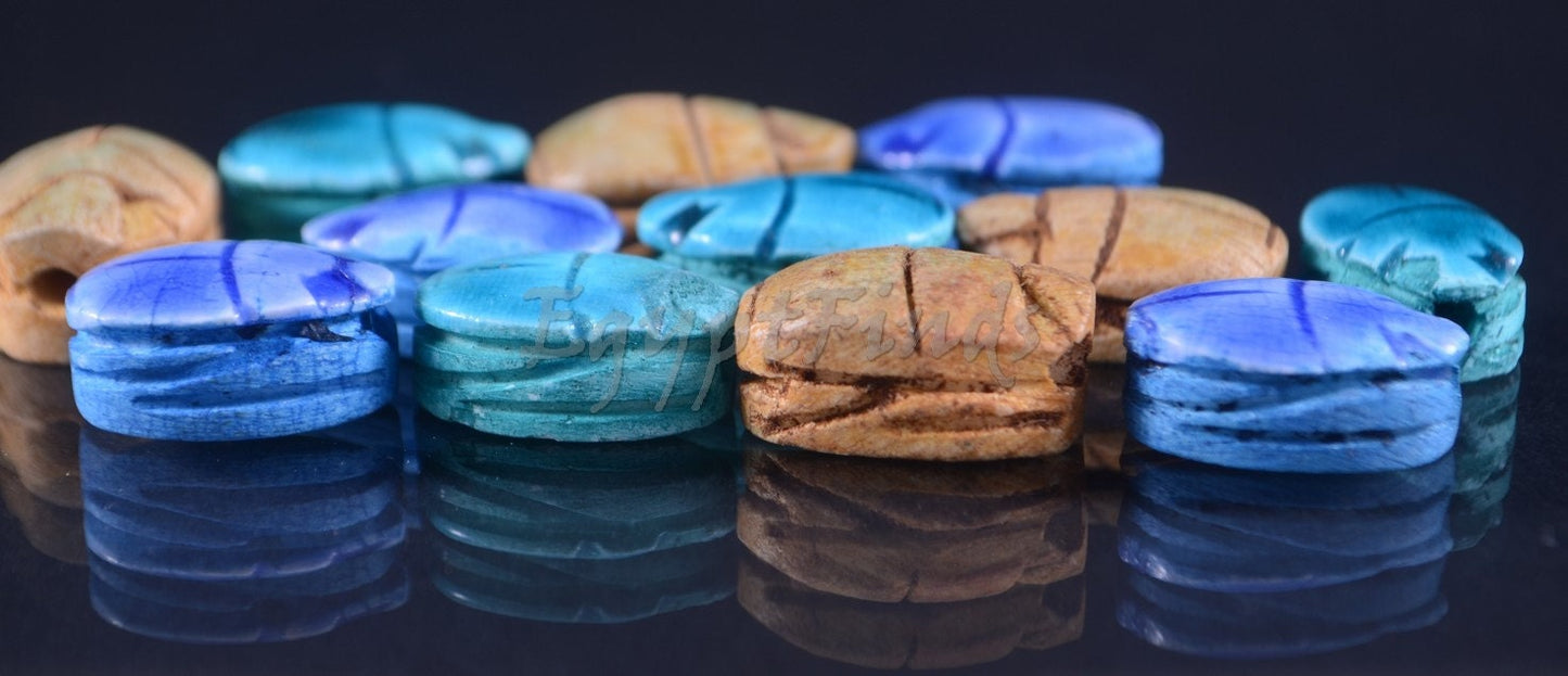 12 Egyptian Mixed Ceramic Hand Made Carved Luck Scarabs With Hieroglyphic
