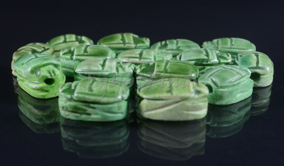 15 Egyptian Green Ceramic Hand Made Carved Luck Scarabs With Hieroglyphic