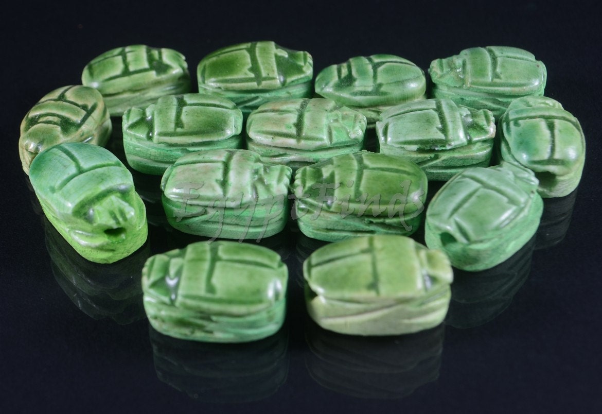 15 Egyptian Green Ceramic Hand Made Carved Luck Scarabs With Hieroglyphic