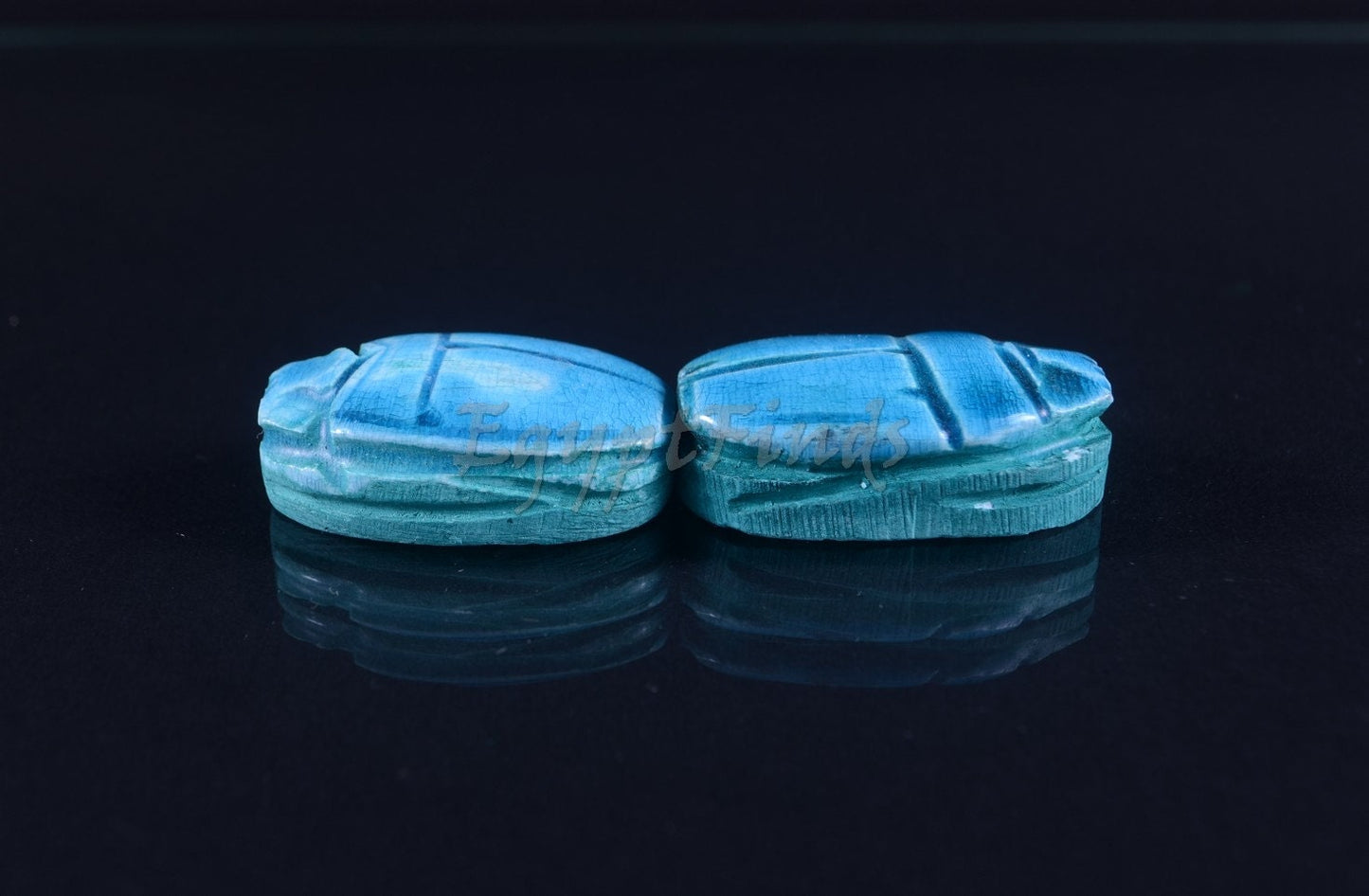 2 Large Egyptian Terquise Hand Made Carved Luck Scarabs With Hieroglyphic