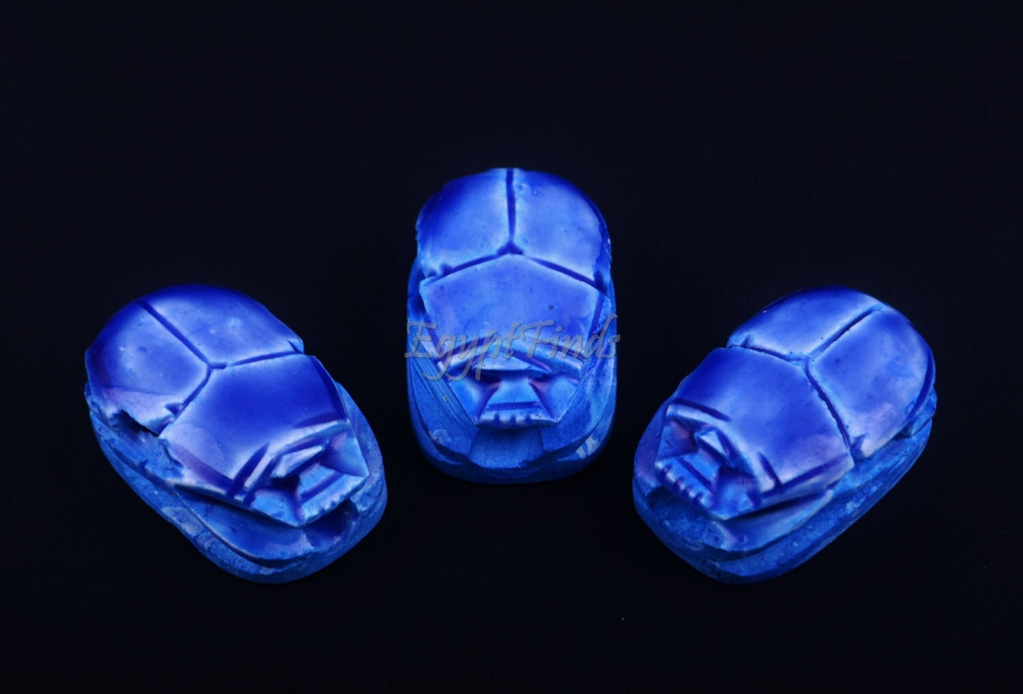 3 Large Egyptian Blue Hand Made Carved Luck Scarabs With Hieroglyphic