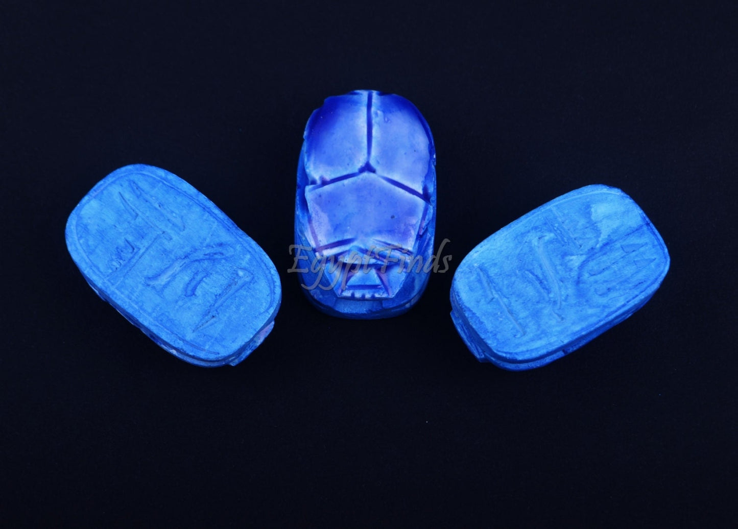 3 Large Egyptian Blue Hand Made Carved Luck Scarabs With Hieroglyphic