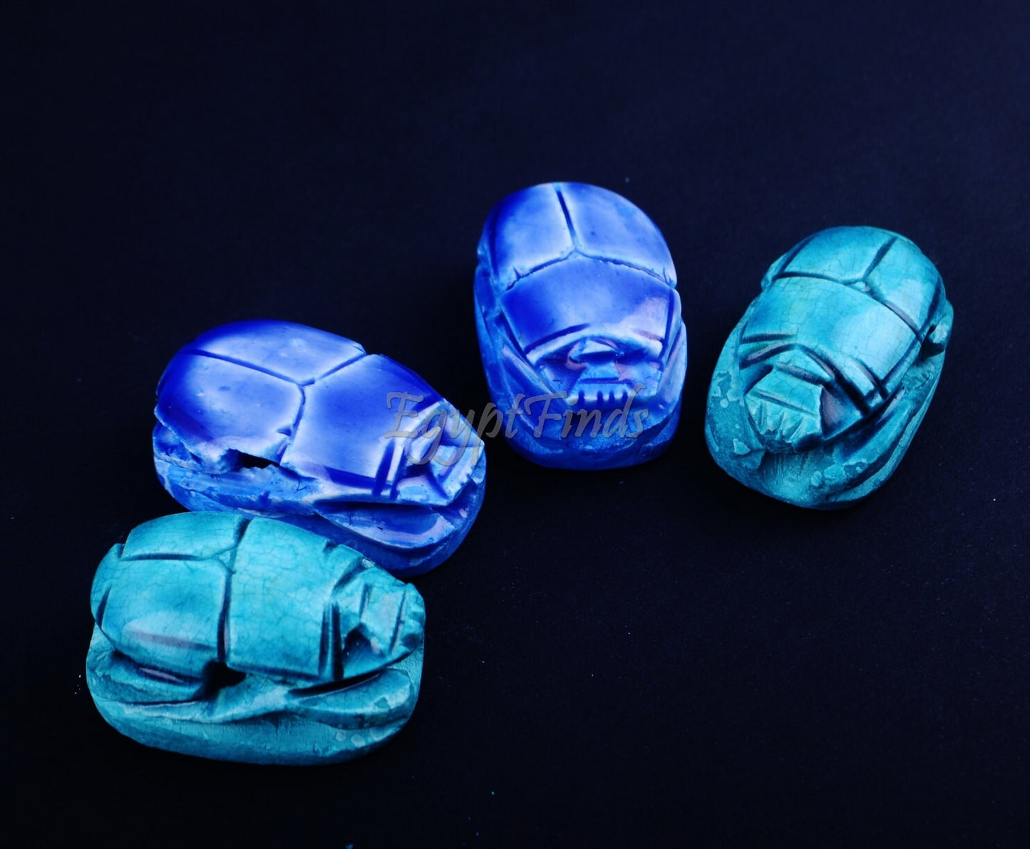 4 Large Egyptian Blue Hand Made Carved Luck Scarabs With Hieroglyphic