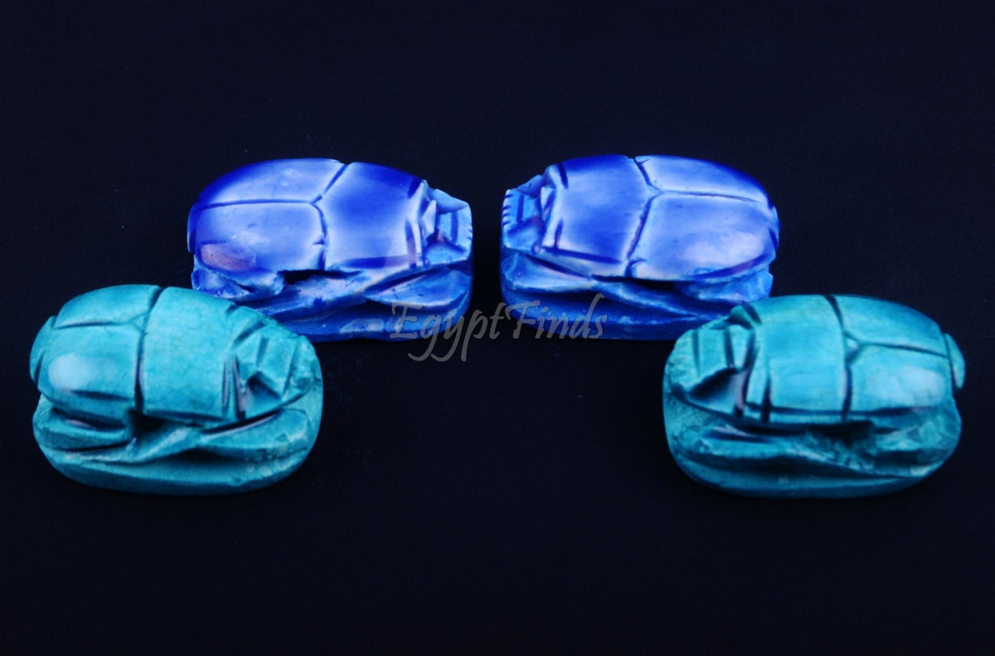 4 Large Egyptian Blue Hand Made Carved Luck Scarabs With Hieroglyphic