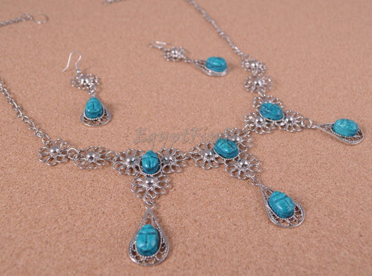 Egyptian Jewelry Hand Made Flower Bib Necklace and Earrings Set