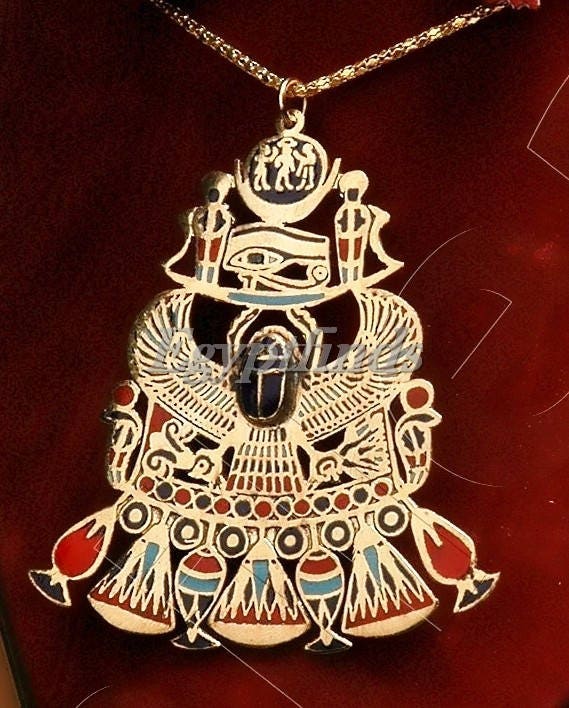 Egyptian Huge  Enameled Scarab Necklace Eye Of Horus Necklace Winged Scarab Necklace Egyptian Necklace Udjat Necklace Eye Of Horus Jewelry