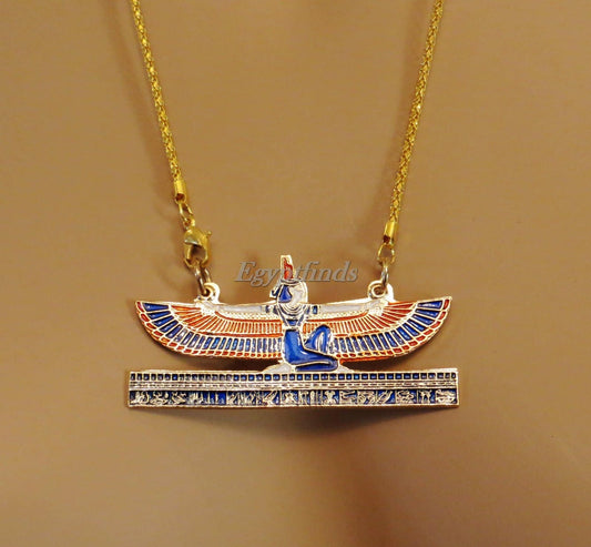 Egyptian Hand Made Brass Kneeling Isis On Hieroglyphics Base Coloured Necklace Winged Isis Jewelry Isis Jewelry Isis Pendant Isis Necklace