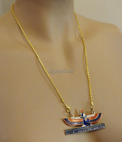 Egyptian Hand Made Brass Kneeling Isis On Hieroglyphics Base Coloured Necklace Winged Isis Jewelry Isis Jewelry Isis Pendant Isis Necklace