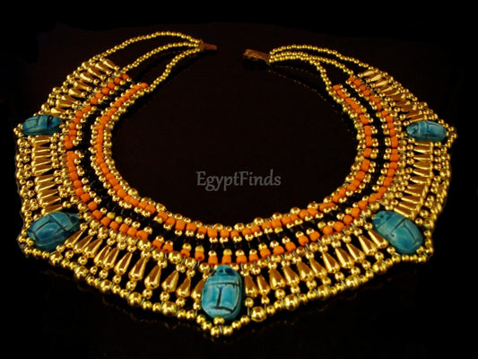 Amazing Egyptian Orange Queen Cleopatra 5 Scarabs Necklace  scarab Collar Egyptian Jewelry beaded Collar Khepri Necklace Khepri