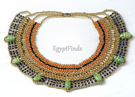 Superb Egyptian Beaded Cleopatra 7 Scarabs Necklace Collar