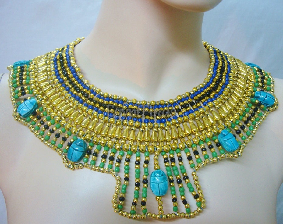 V Large Egyptian 7 Scarabs Queen Cleopatra Necklace Collar