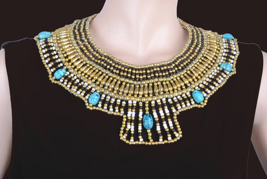 Pretty Ancient Egyptian Beaded Cleopatra 7 Scarabs Necklace Collar