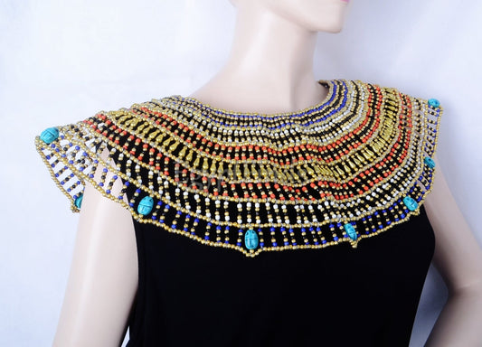 Huge Ancient Egyptian Beaded Cleopatra 9 Scarabs Necklace Collar