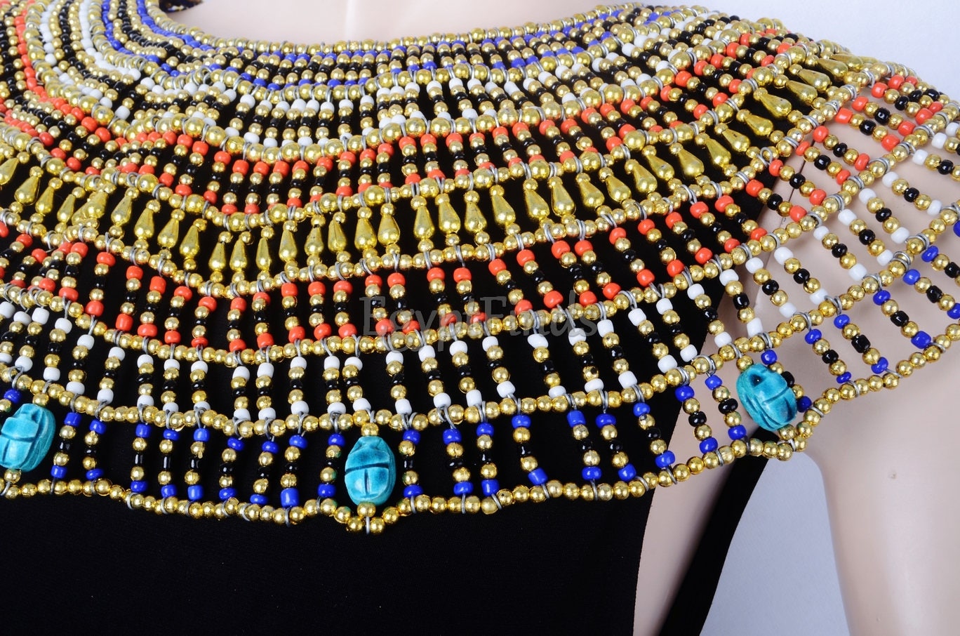 Huge Ancient Egyptian Beaded Cleopatra 9 Scarabs Necklace Collar