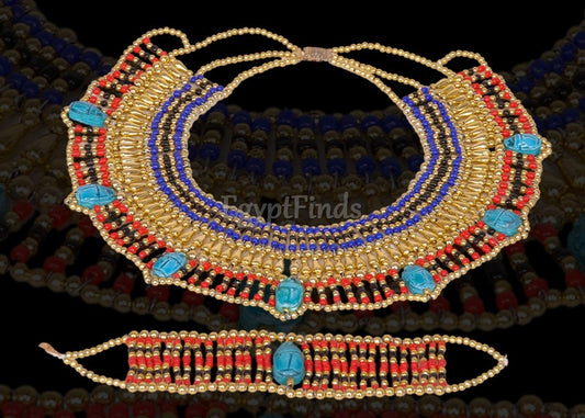 Wonderful Egyptian Beaded 5 Scarabs Cleopatra Scarab Necklace Collar & Bracelet