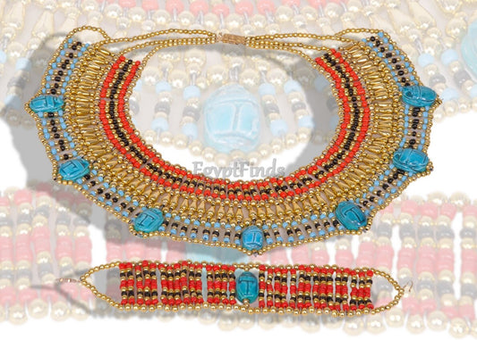 Wonderful Egyptian Beaded 7 Scarabs Cleopatra Scarab Necklace Collar & Bracelet