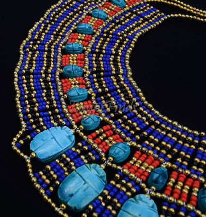 Huge Egyptian Hand Made Beaded Cleopatra 22 Scarabs Necklace Collar  scarab Collar Egyptian Jewelry beaded Collar Khepri Necklace Khepri