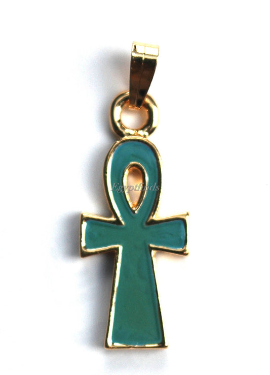 Group Of 3 Egyptian Hand Made 24K Gold Plated Life Key Ankh Charms in Red, Blue & Green  Key Of Life pendant 24K Gold Plated Ankh