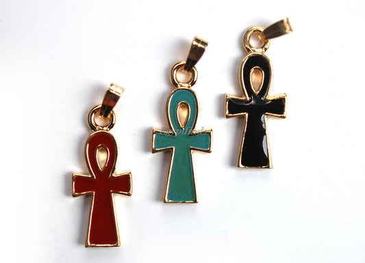 Group Of 3 Egyptian Hand Made 24K Gold Plated Life Key Ankh Charms in Red, Blue & Green  Key Of Life pendant 24K Gold Plated Ankh