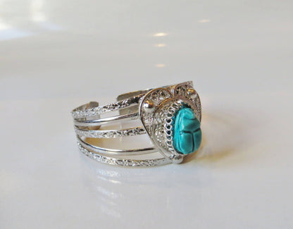Amazing Egyptian Silver Plated Turquoise Scarab Heart bracelet .US express shipping