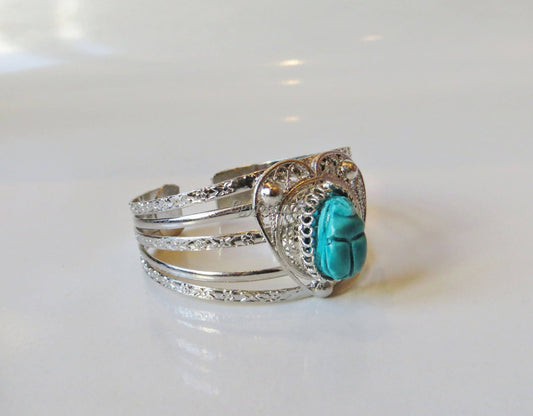 Amazing Egyptian Silver Plated Turquoise Scarab Heart bracelet .US express shipping