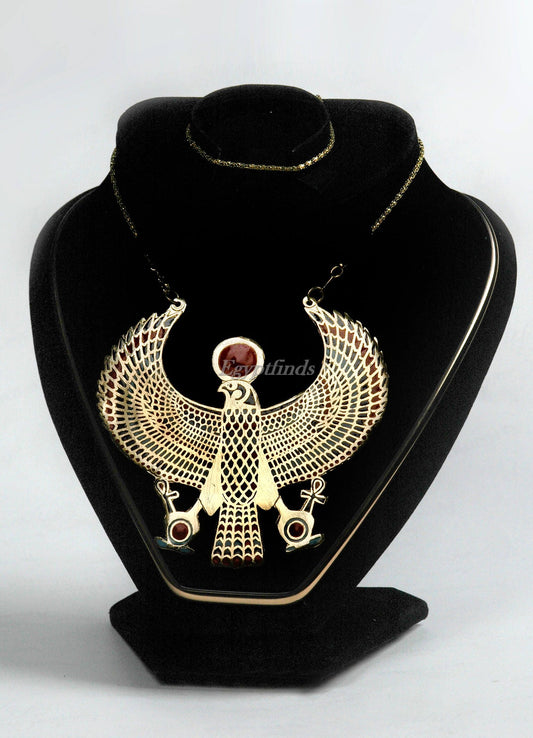 Beautiful Brass Necklace Features Horus as Falcon Holding Ankh "life Key "