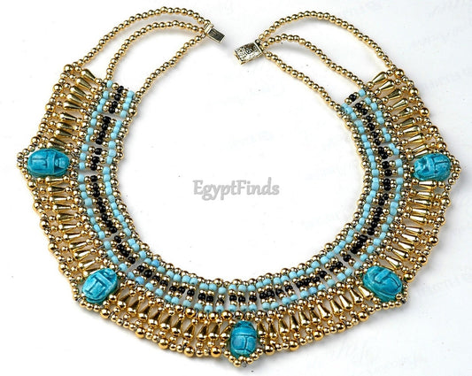 Pretty Egyptian Cleopatra 5 Scarabs Necklace  scarab Collar Egyptian Jewelry beaded Collar Khepri Necklace Khepri