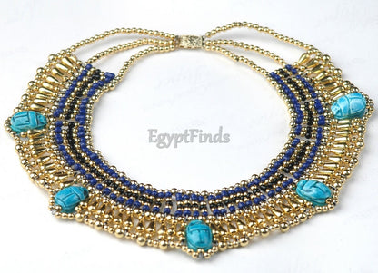 Pretty Egyptian Blue Cleopatra 5 Scarabs Necklace