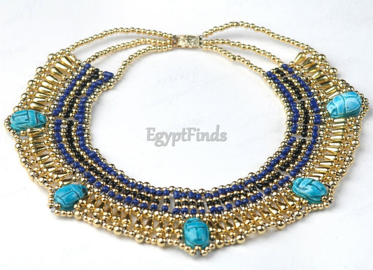Pretty Egyptian Blue Cleopatra 5 Scarabs Necklace