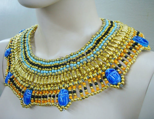 Great Egyptian Beaded Cleopatra 7 Scarabs Necklace Collar