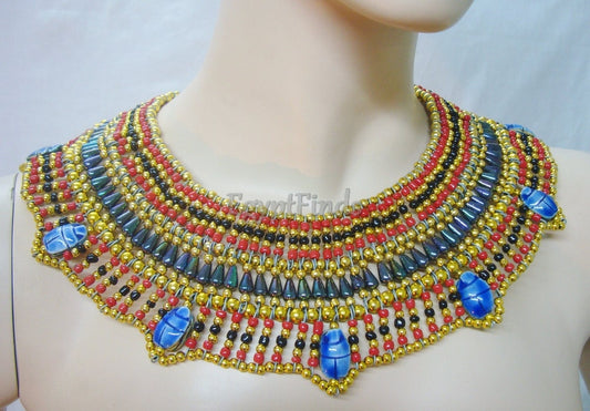 Beautiful Egyptian Beaded Cleopatra Necklace Collar With 7 Scarabs